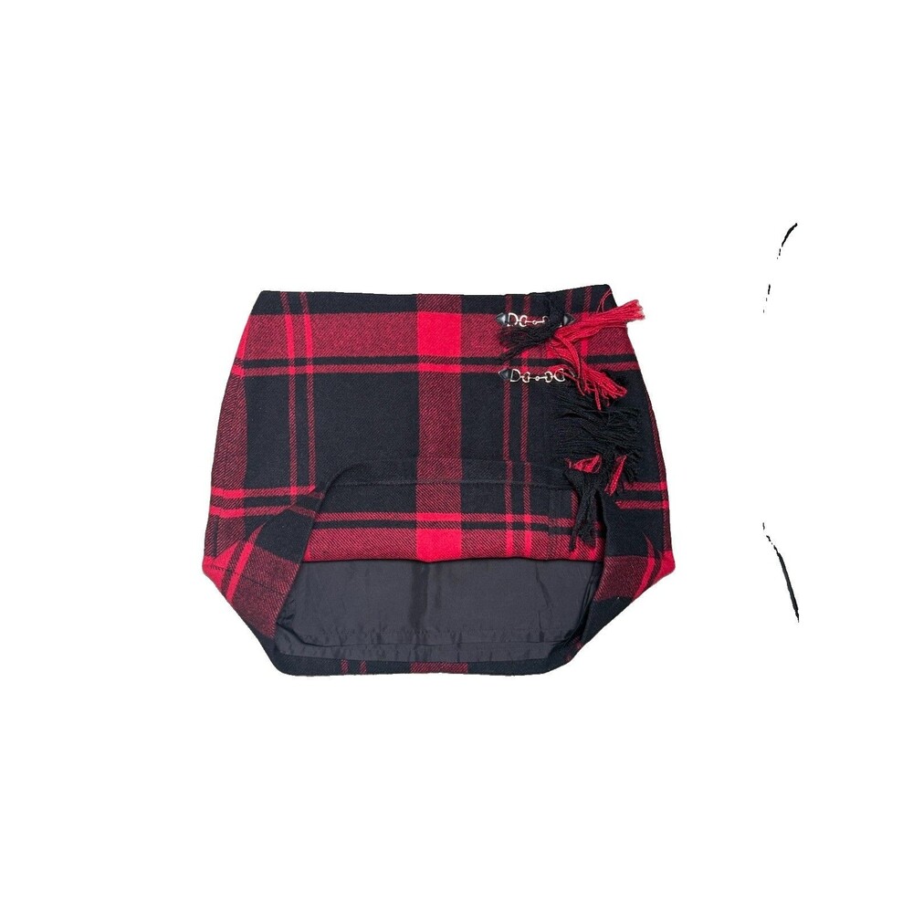 Ann Taylor Weekend Plaid Wrap Effect Skirt Wool 12 Red Black Fringe Preppy Punk - Picture 4 of 7